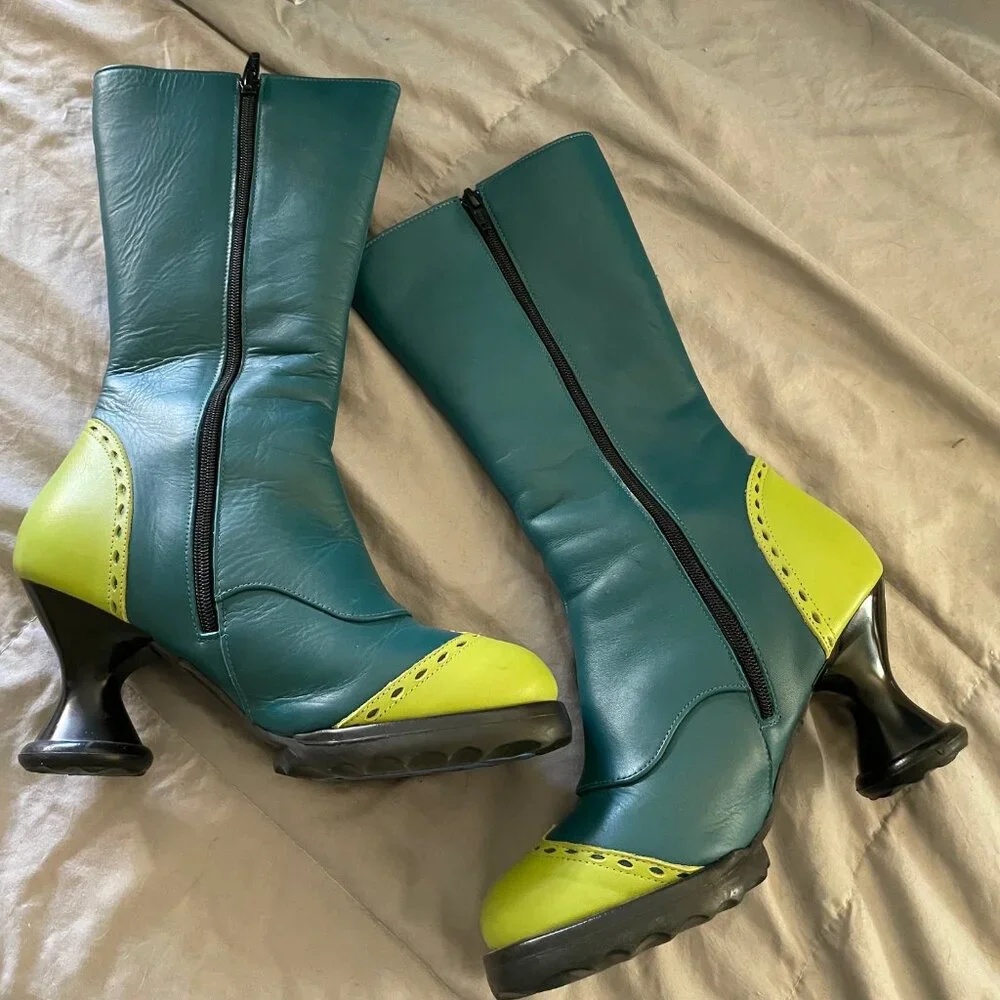 RARE Fluevog Babycakes Boots Turquoise Teal Green 7.5 Victorian Festival Retro - Picture 5 of 15